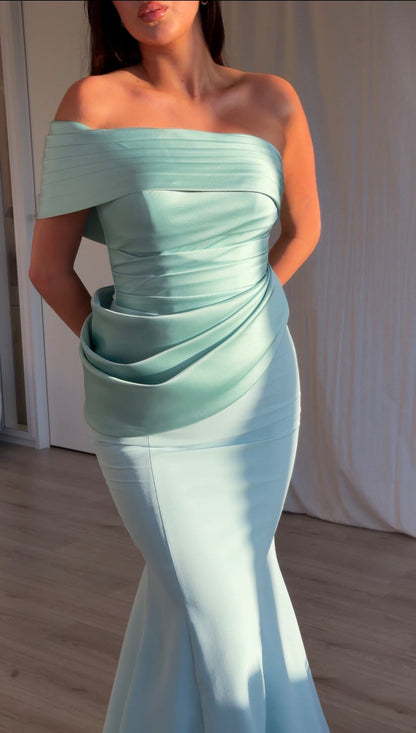 Pleated Off-Shoulder Draped Mermaid Gown