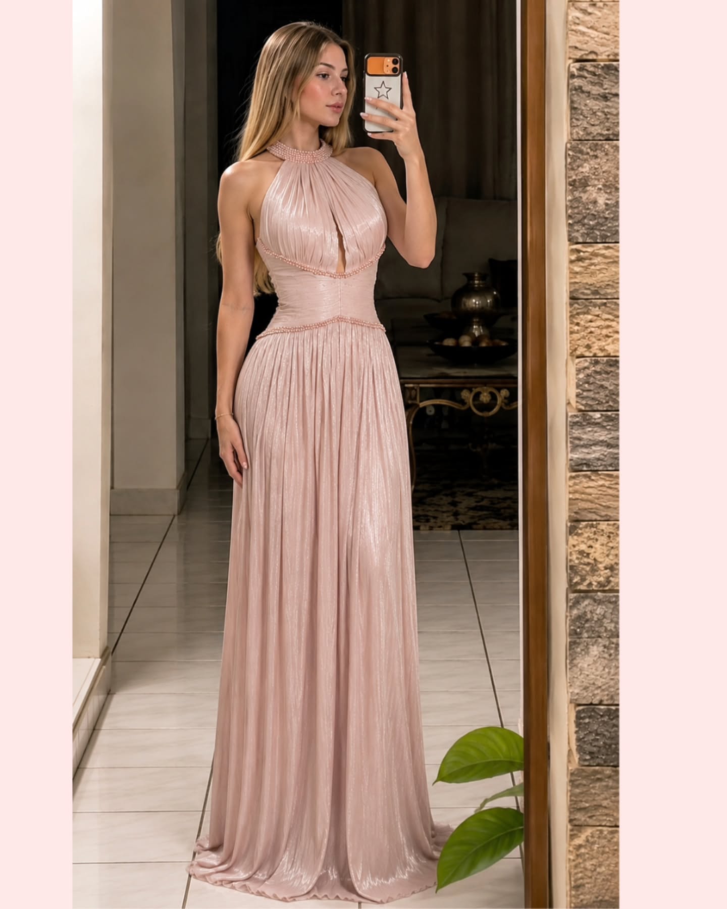 Pleated Halter Maxi Dress with Beaded Trim