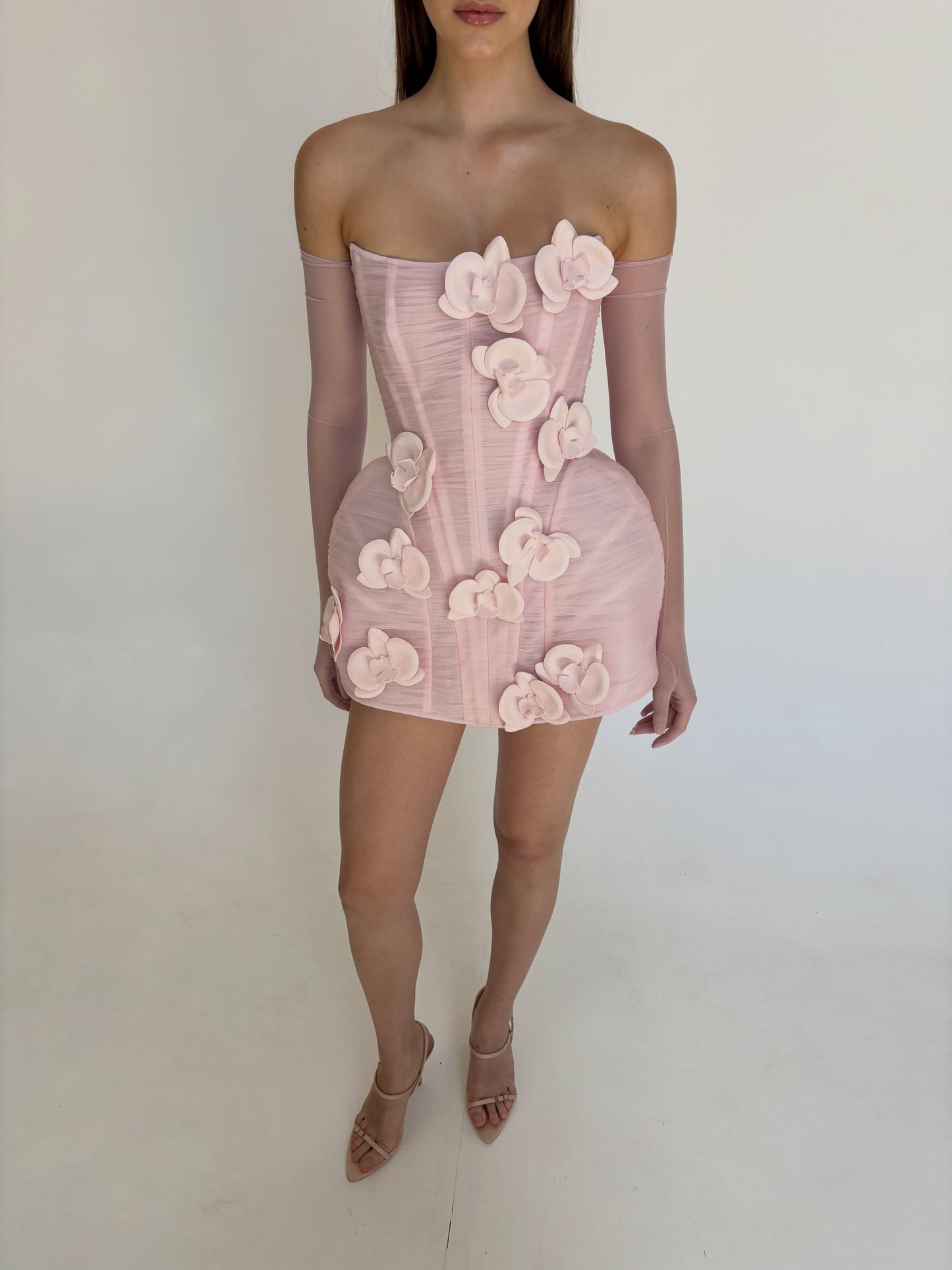 Corset Mini Dress with 3D Orchid Appliques