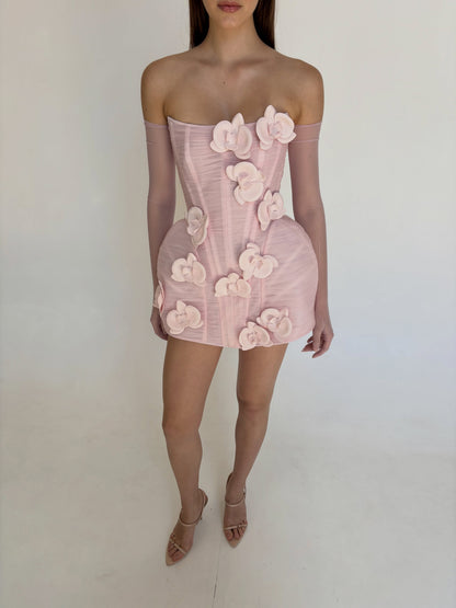 Corset Mini Dress with 3D Orchid Appliques