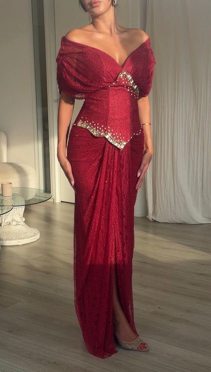 Off-Shoulder Ruched Gown with Crystal Trim