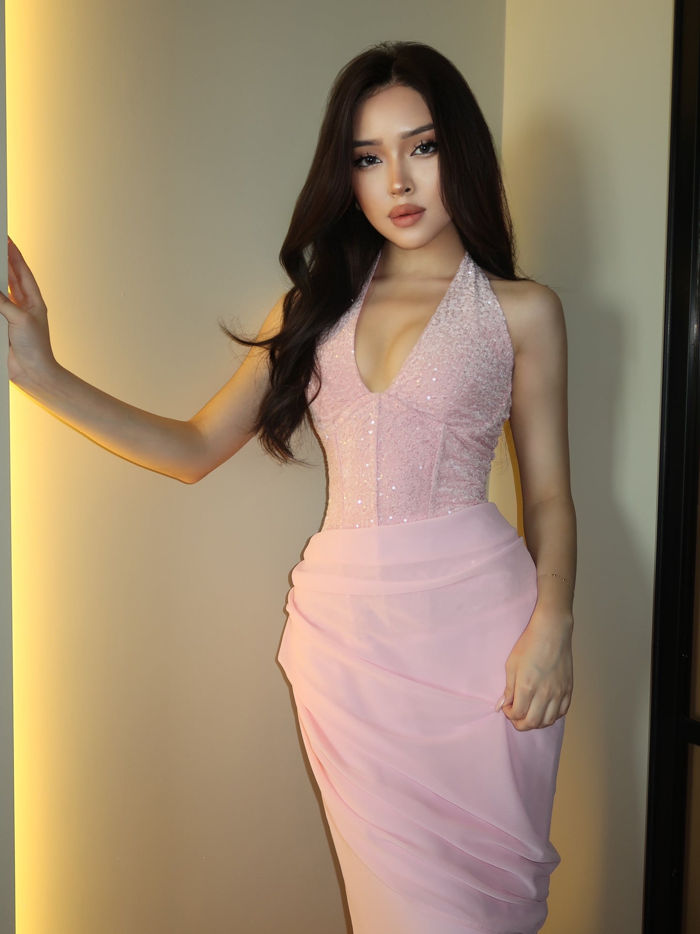 Halter Deep V-Neck Corset Draped Evening Gown
