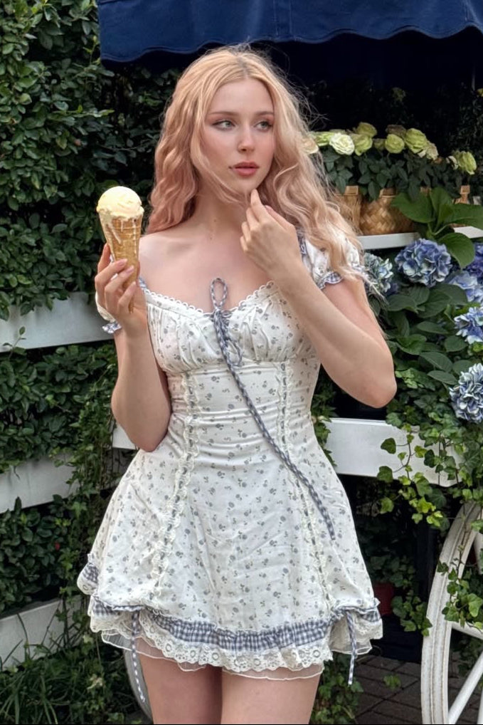 Floral Corset Mini Dress with Gingham Trim