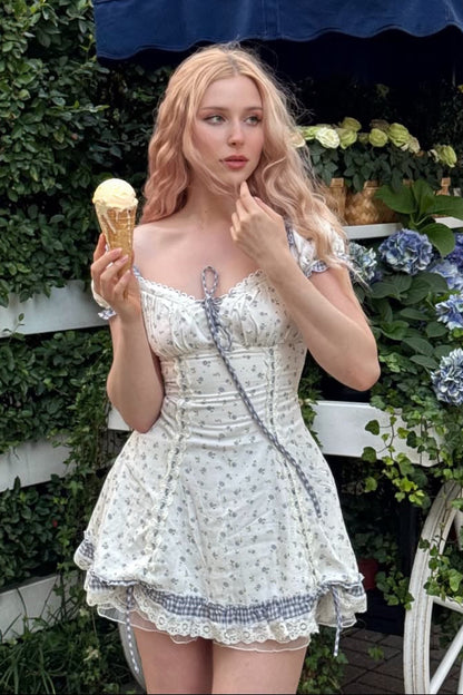 Floral Corset Mini Dress with Gingham Trim