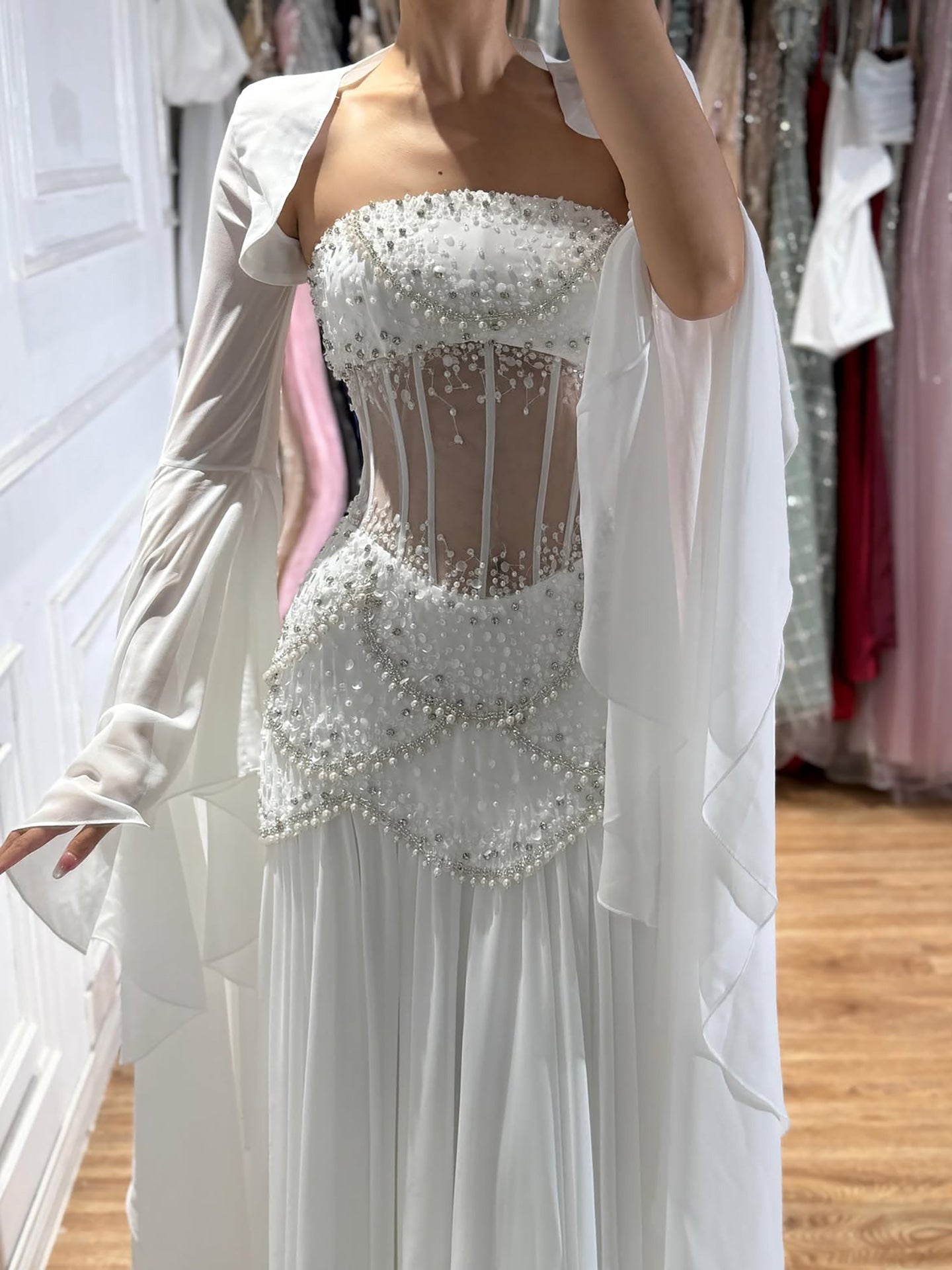 Embellished Corset Evening Gown with Bell Sleeve Jacket