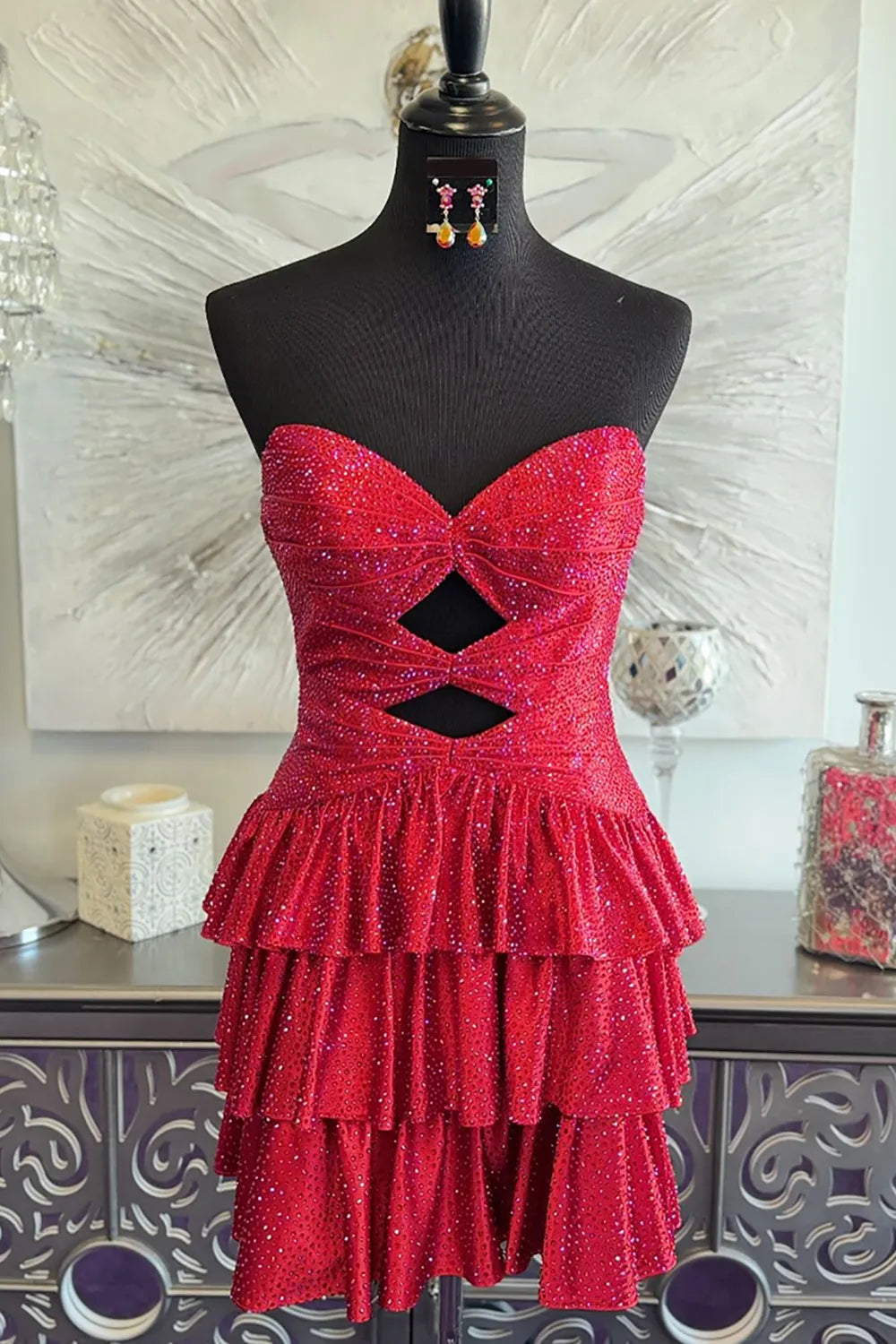 Strapless Cut-Out Glitter Tiered Homecoming Dress