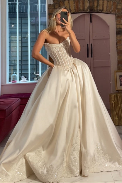 Strapless Corset Ball Gown with Beaded Lace Hem