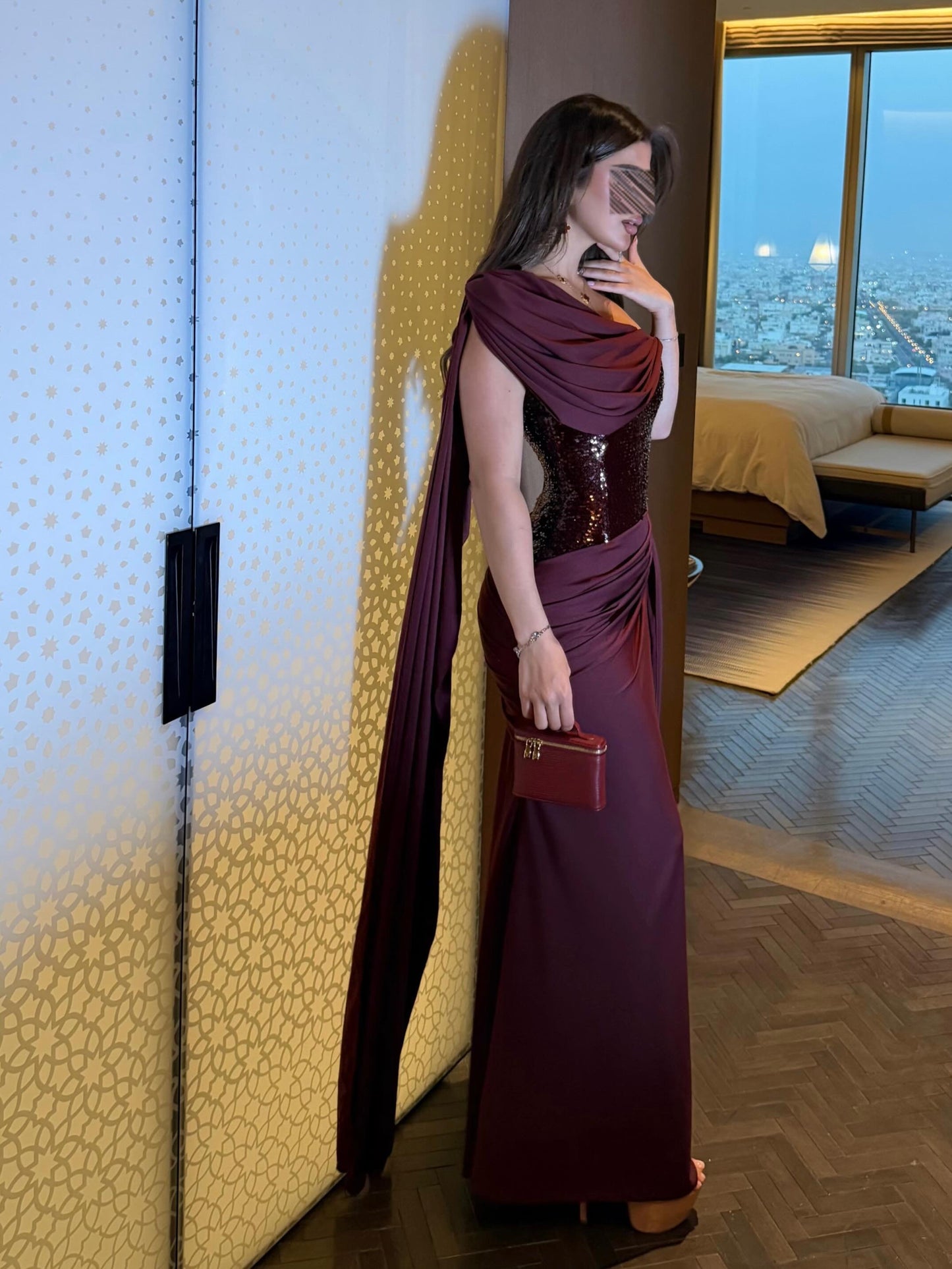 Asymmetrical Sequin Corset Cape Evening Gown