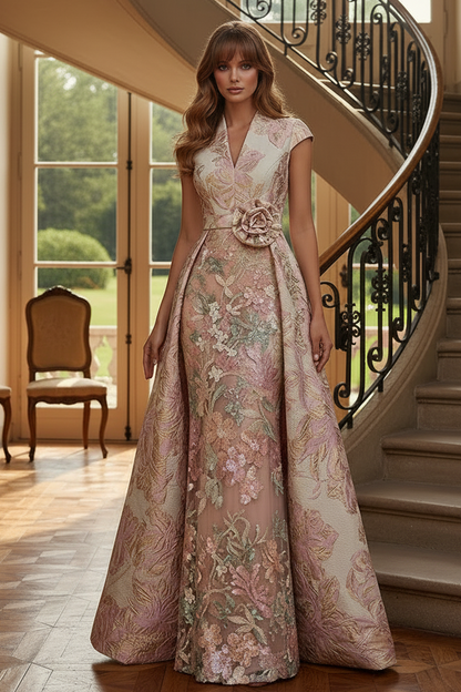 Jacquard Evening Gown with Embroidered Sheath Skirt
