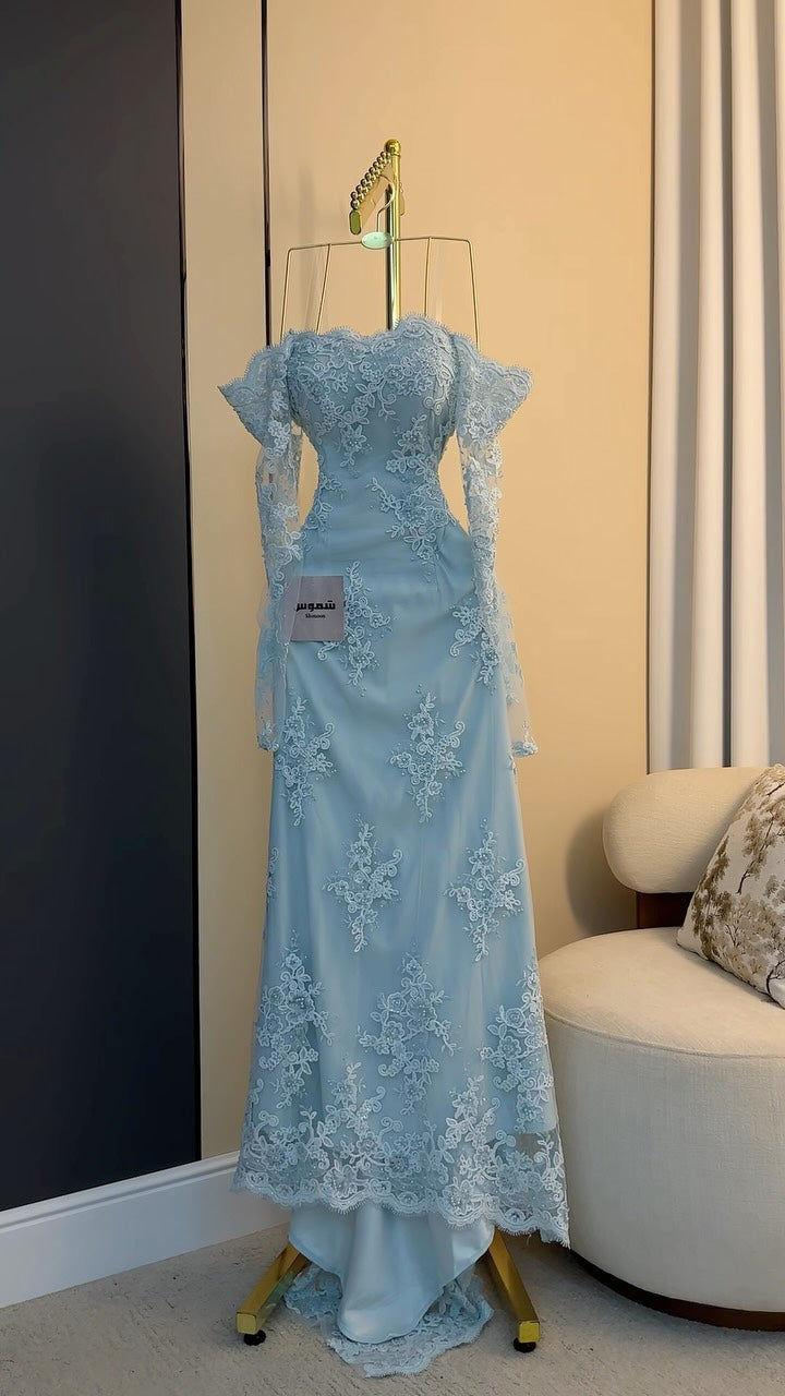 Off-the-Shoulder Floral Lace Evening Gown