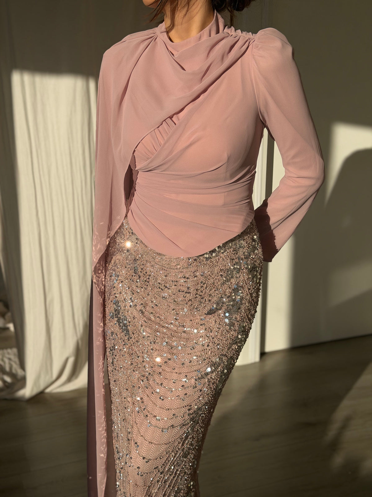 Draped High Neck Gown with Sequin Column Skirt