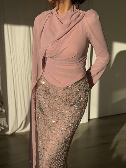 Draped High Neck Gown with Sequin Column Skirt