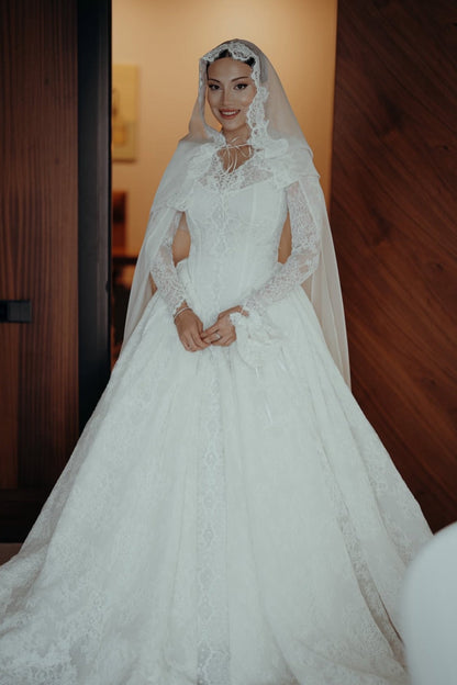 Lace Ball Gown Wedding Dress with Cape & Long Sleeves