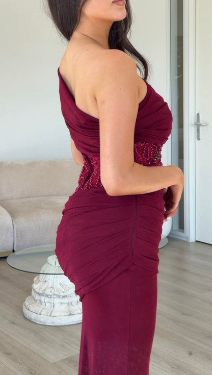 Ruched Asymmetric Gown with Beaded Waist
