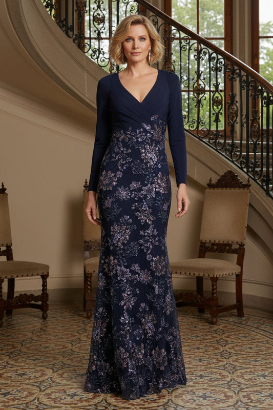 Long Sleeve V-Neck Sequin Trumpet Gown