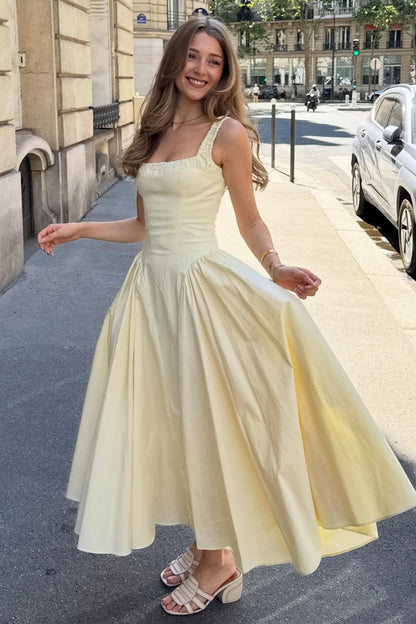 Vintage-Inspired Square Neck Cotton Midi Dress