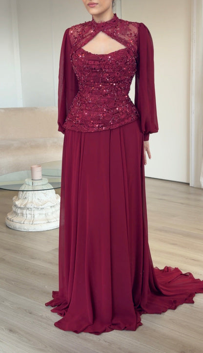 High Neck Cut-Out Gown with Sequin Bodice