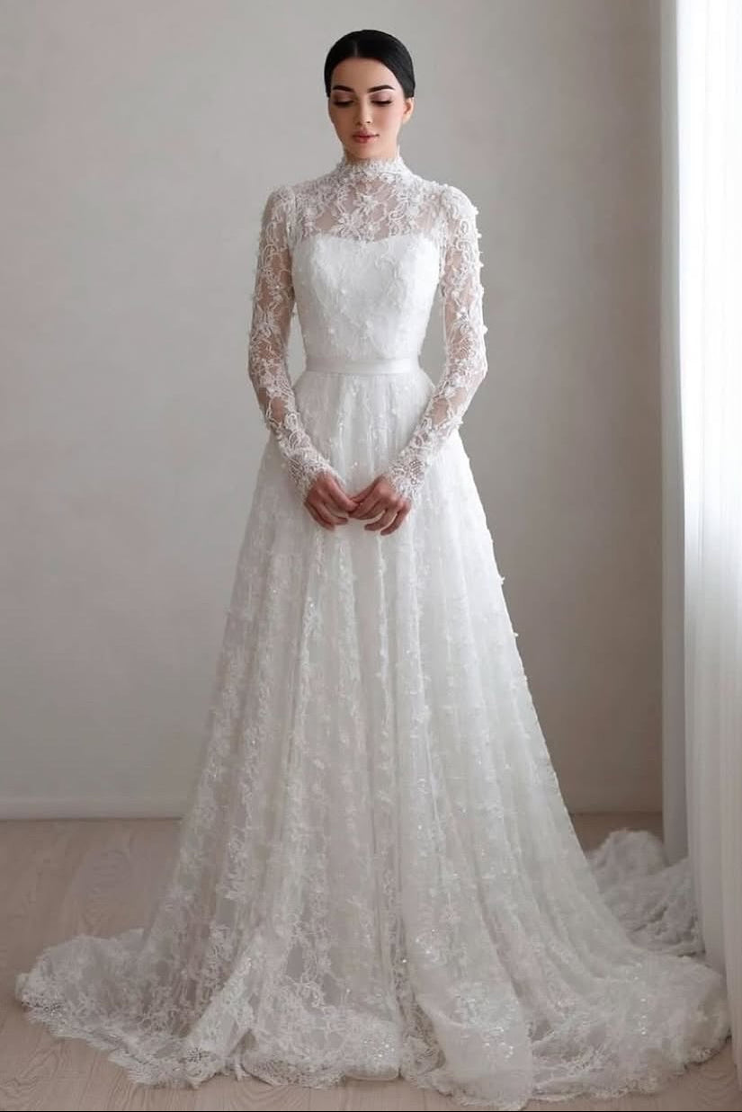 High Neck Lace Long Sleeve Wedding Dress