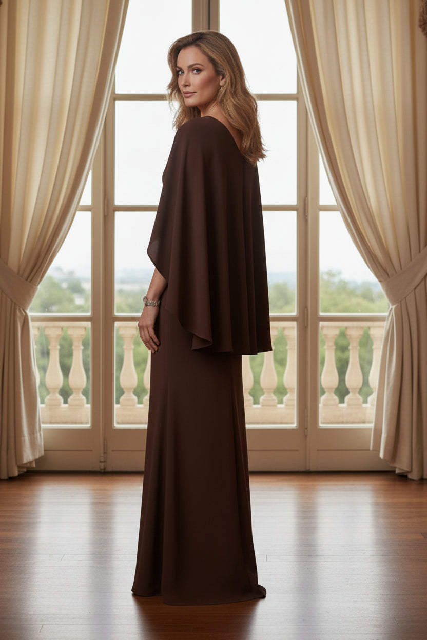 Deep V-Neck Cape Evening Gown