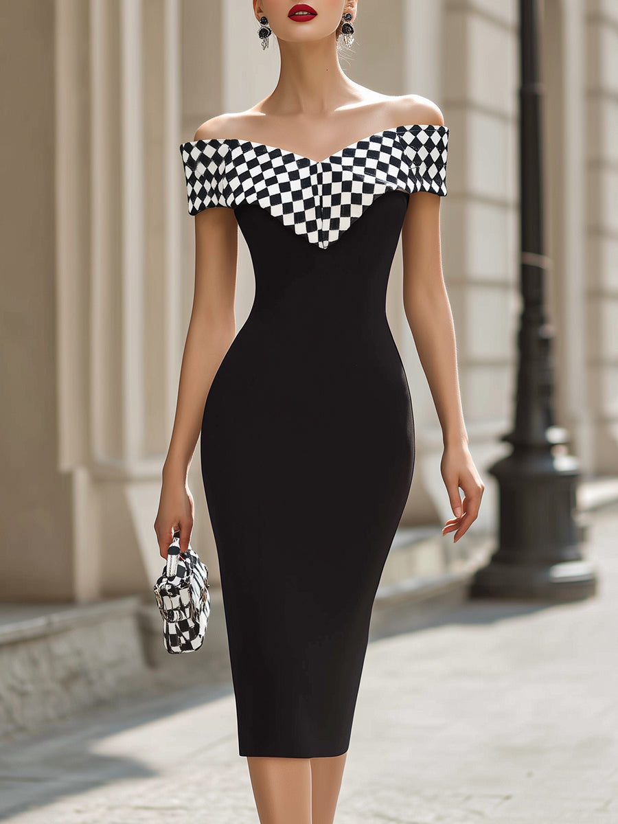 Off-the-Shoulder Checkerboard Trim Midi Dress