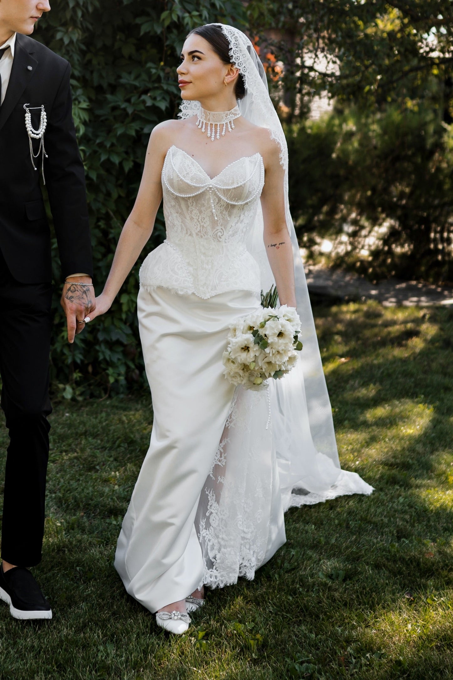 Strapless Lace Corset Wedding Dress with Slit