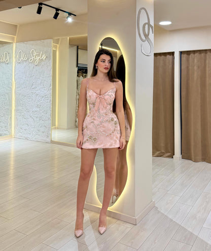 Crystal Beaded Corset Mini Dress with Bow