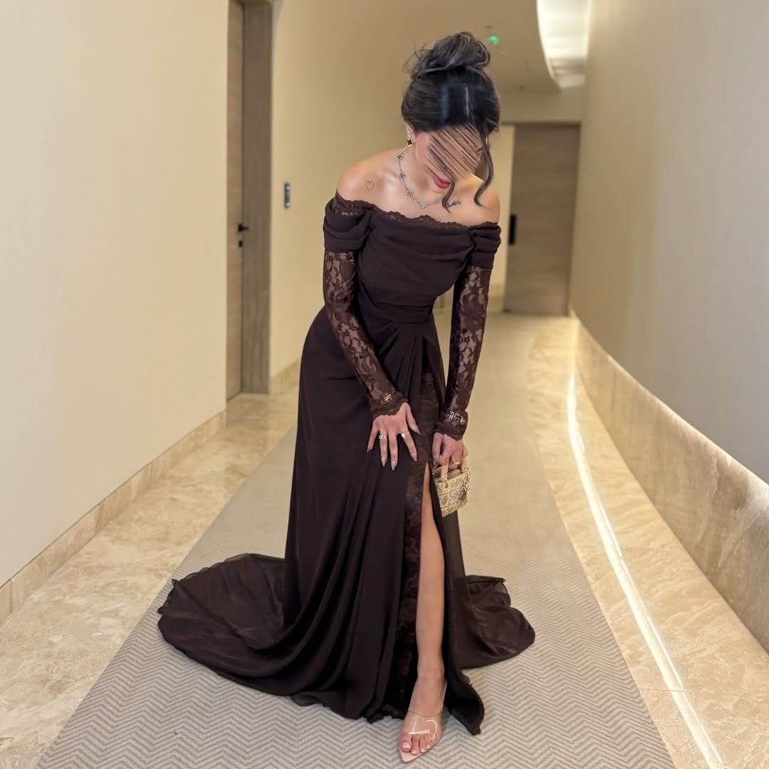 Off-Shoulder Lace Sleeve Evening Gown