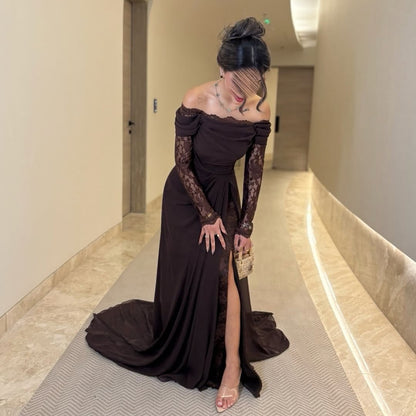 Off-Shoulder Lace Sleeve Evening Gown