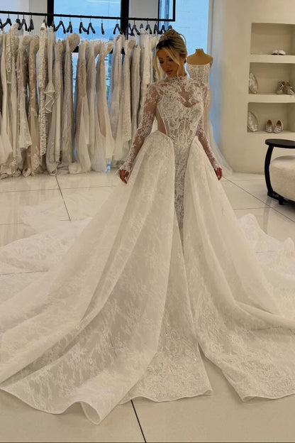 Lace High Neck Wedding Dress with Train