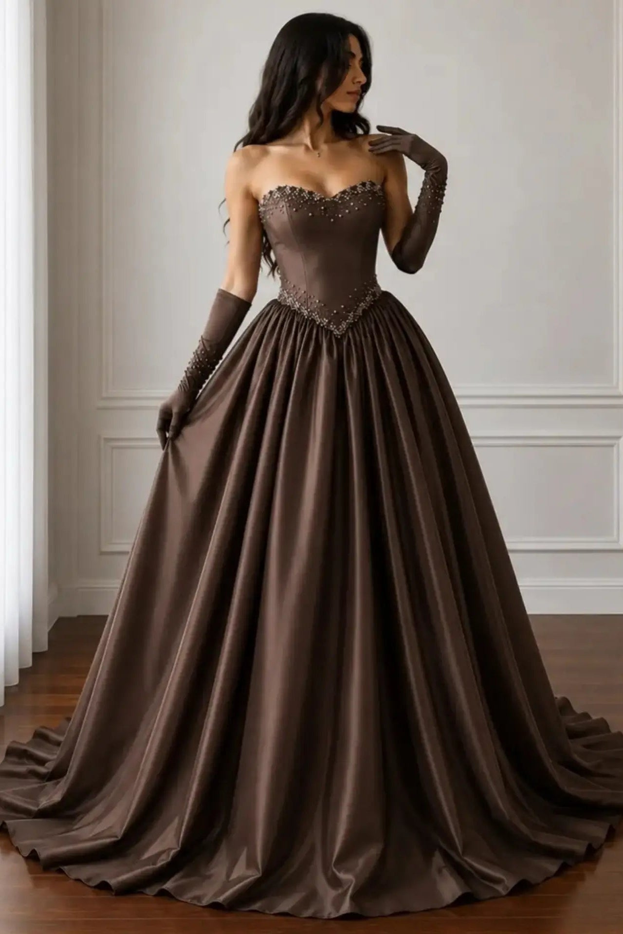Strapless Beaded Corset Ball Gown Evening Dress