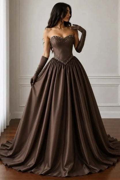 Strapless Beaded Corset Ball Gown Evening Dress