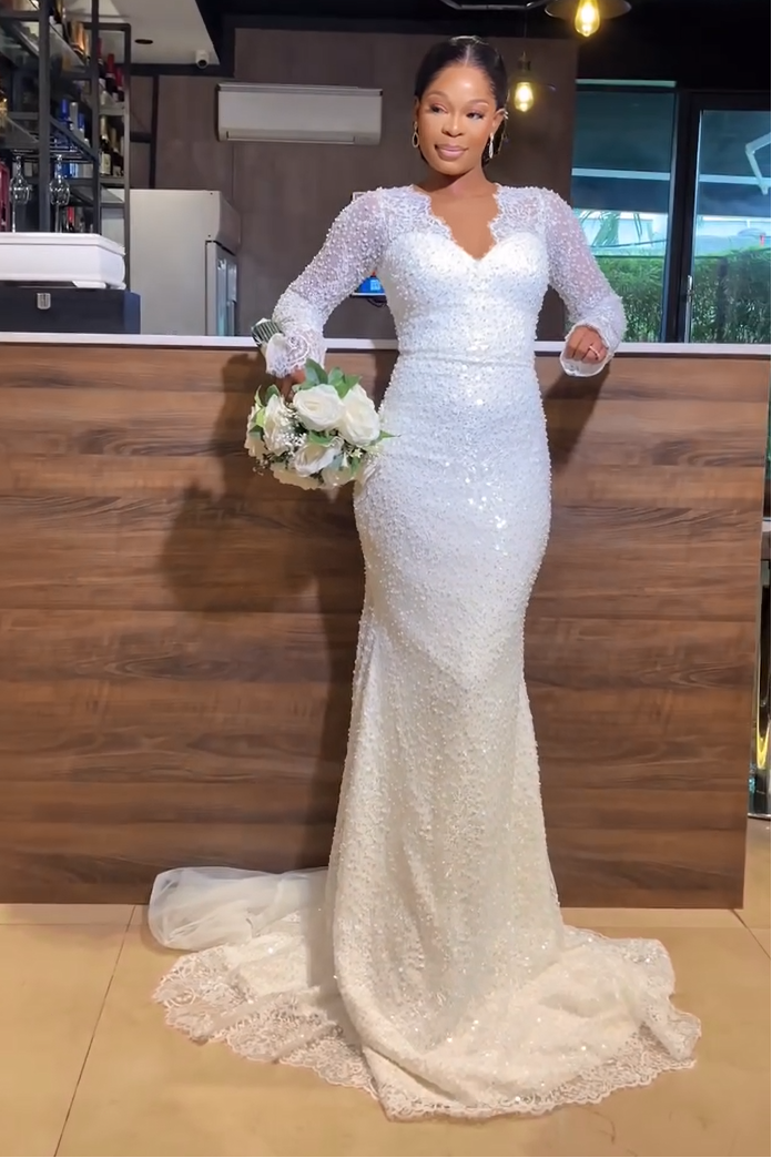 Long Sleeve Sequin Mermaid Wedding Dress with Corset Back