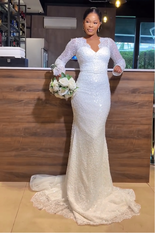 Long Sleeve Sequin Mermaid Wedding Dress with Corset Back