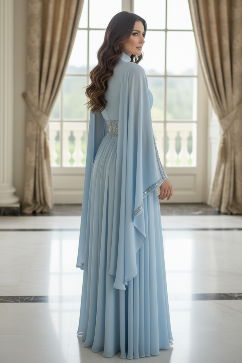 High Neck Cape Sleeve Beaded Waist Evening Gown