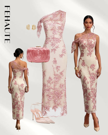 One-Shoulder Floral Embroidered Column Dress