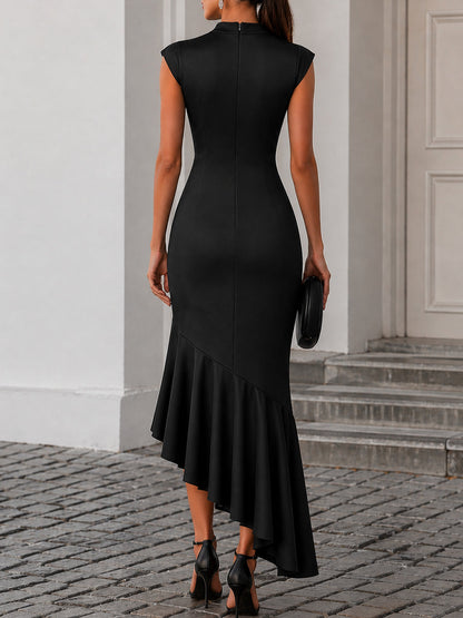 Lace Inset Asymmetrical Ruffle Hem Midi Dress
