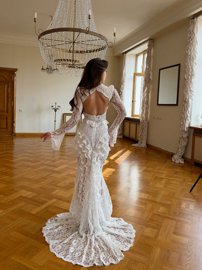 Lace Flared Sleeve Cut-Out Back Ruffle Gown