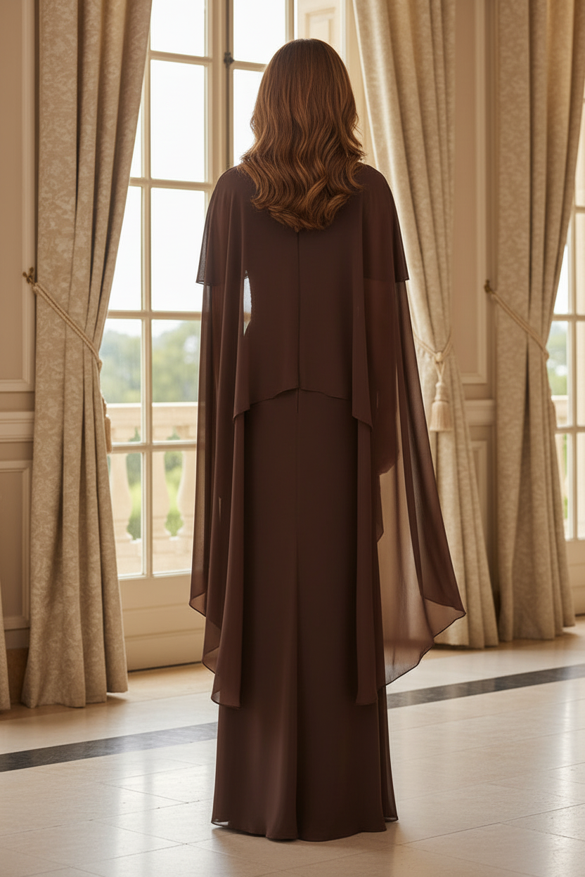 Cape Sleeve V-Neck Chiffon Gown with Brooch