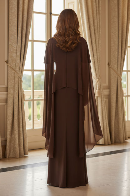 Cape Sleeve V-Neck Chiffon Gown with Brooch
