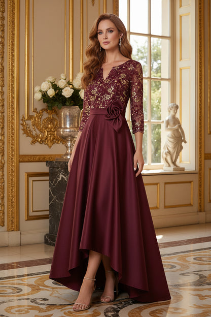 Embroidered Lace 3/4 Sleeve High-Low Evening Dress
