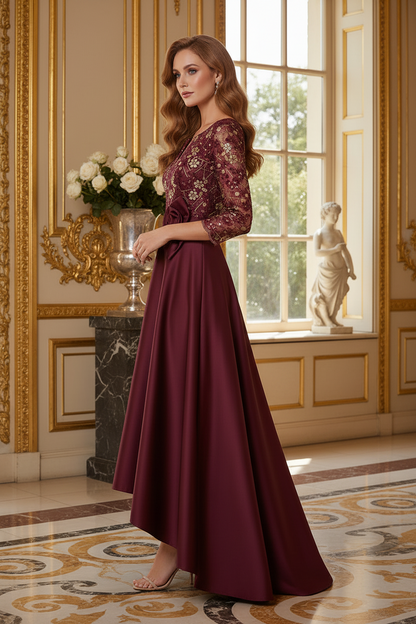 Embroidered Lace 3/4 Sleeve High-Low Evening Dress