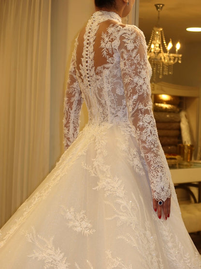 High Neck Lace Ball Gown Wedding Dress