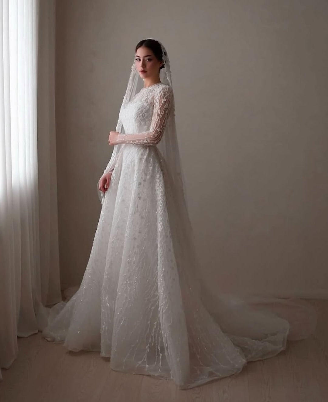High Neck Lace Sleeve A-Line Wedding Dress