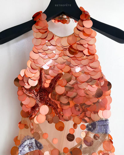 Sequin Halter Mini Dress with Starfish Appliques