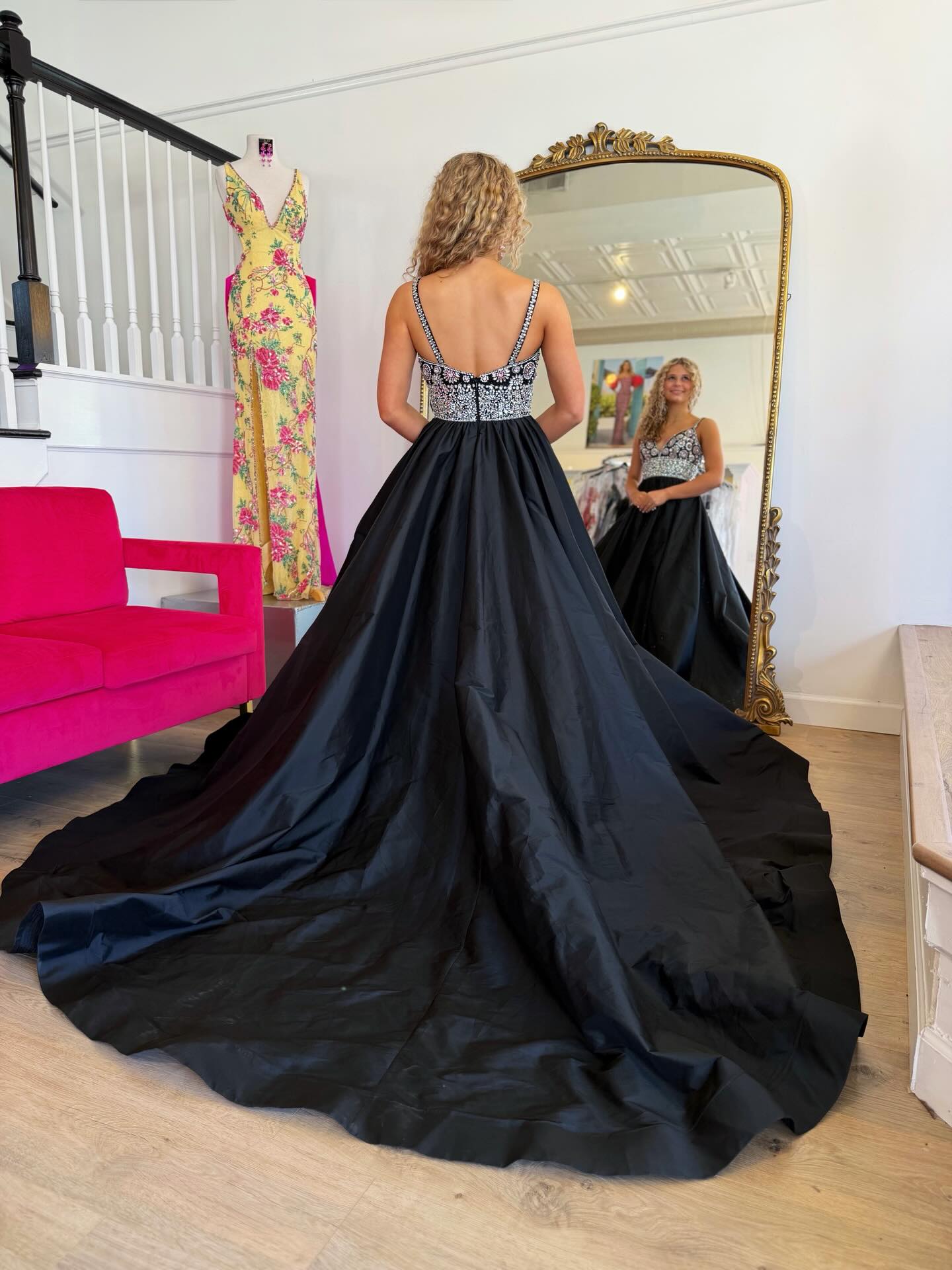 Beaded Bodice Ball Gown with High Slit and Train