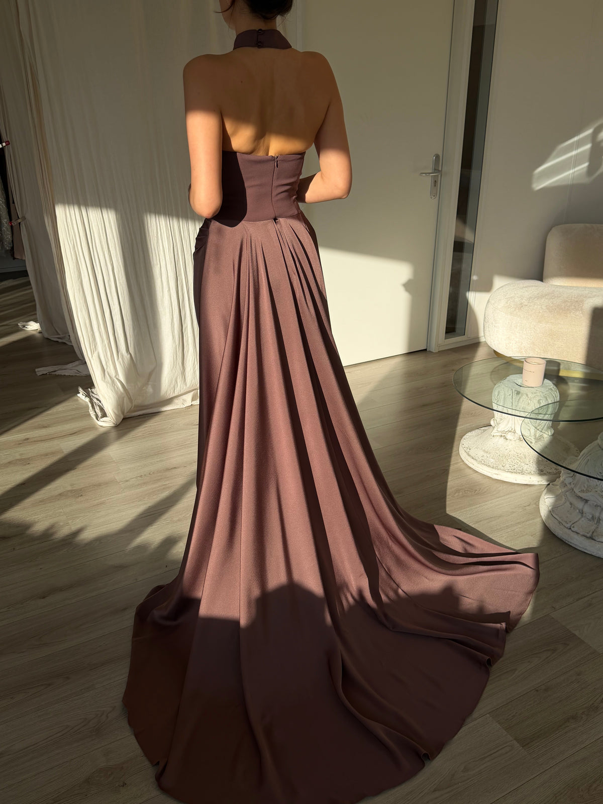 Strapless Draped Evening Gown with Back Train