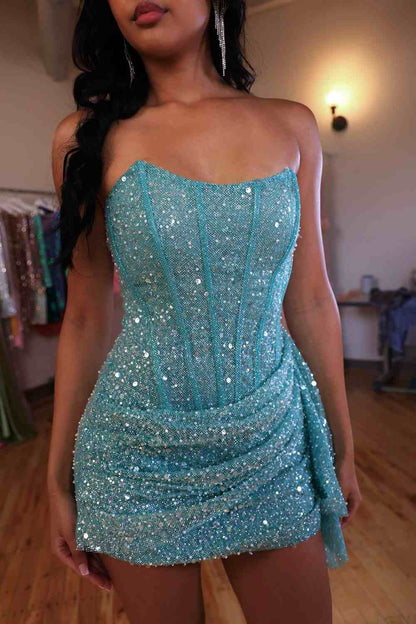 Strapless Corset Sequin Mini Dress with Side Draping