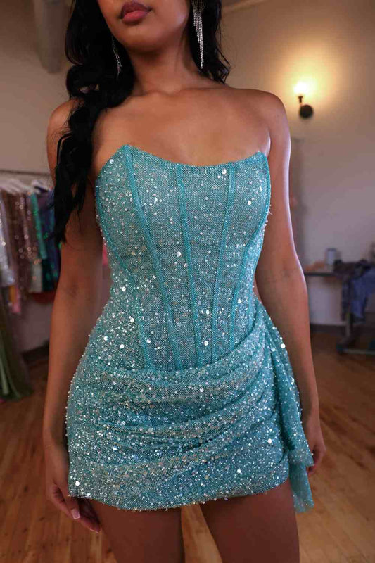 Strapless Corset Sequin Mini Dress with Side Draping