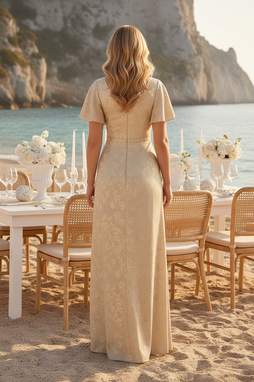 V-Neck Jacquard A-Line Evening Gown with Flutter Sleeves