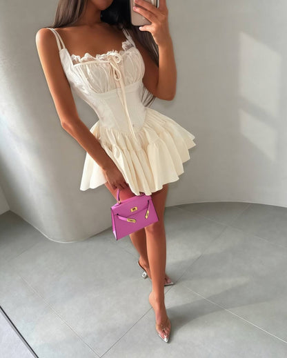 Ruffled Corset Mini Dress with Lace Trim